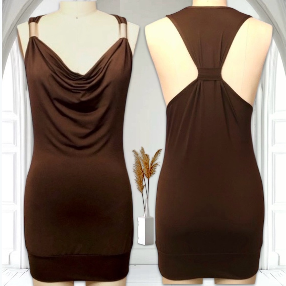 Y2K Racer Back Fitted Brown Sleeveless Dress silver metal accents size xsmall - Picture 1 of 7